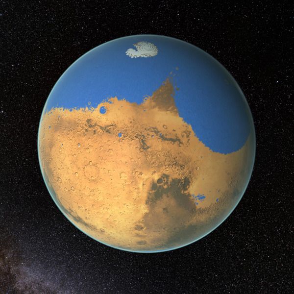 An artist's concept of an ancient ocean on Mars.