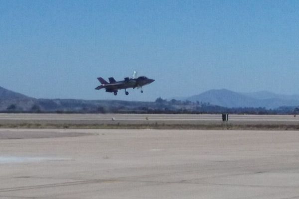 The F-35B Lightning II, a VTOL aircraft (Google that), hovers in for a landing after conducting an aerial demo at the Miramar Air Show...on September 24, 2016.
