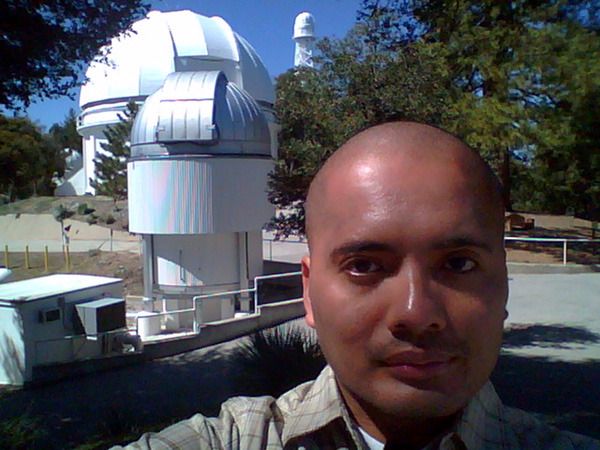A selfie I took with Mount Wilson Observatory's CHARA array interferometer (foreground), the 60-inch telescope and a 150-foot solar telescope (background) on March 24, 2016.