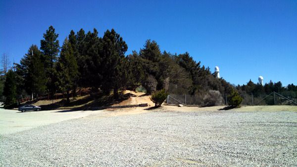 My 2015 Honda Civic is visible at the left side of this photo while Mount Wilson Observatory's two 150-foot solar telescopes are visible to the right...on March 24, 2016.
