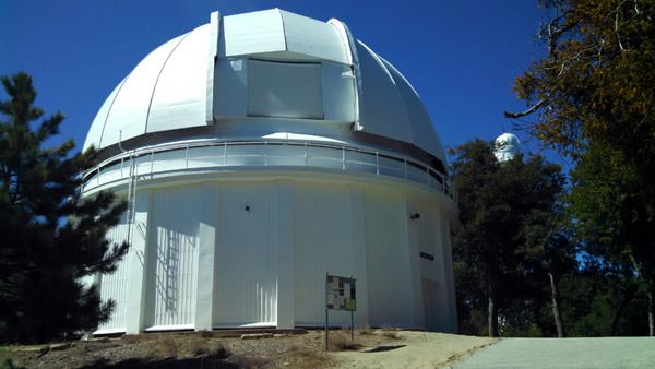 The dome housing Mount Wilson Observatory's 60-inch telescope, with a 150-foot solar telescope visible in the background...on March 24, 2016.