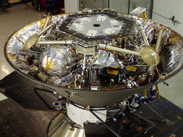 NASA's InSight Mars lander is tucked inside its aeroshell at the Lockheed Martin facility near Denver, Colorado.
