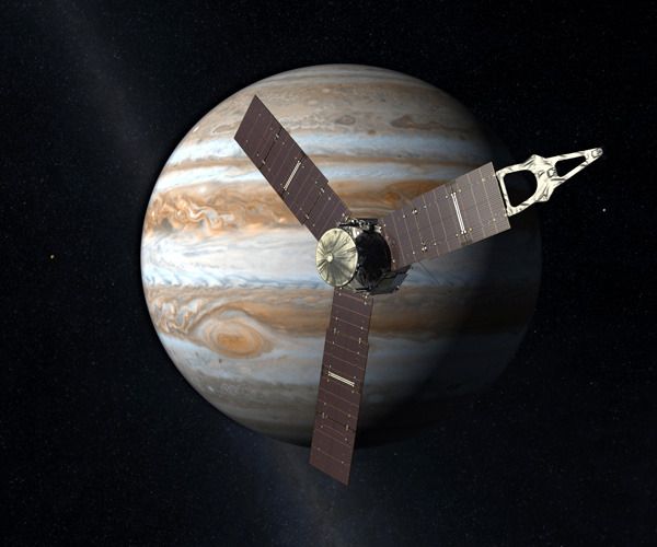 An artist's concept of NASA's Juno spacecraft (which launched from Cape Canaveral Air Force Station in Florida on August 5, 2011) orbiting Jupiter.