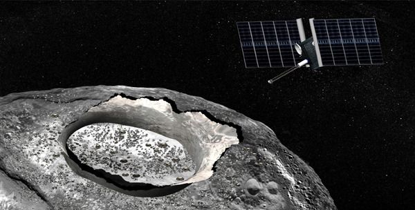 An artist's concept of the Psyche spacecraft orbiting a metallic asteroid named Psyche.