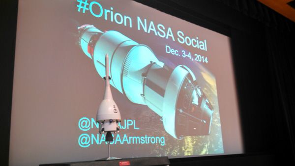 A small model of the Orion EFT-1 spacecraft on display inside the Von Kármán Auditorium at NASA's Jet Propulsion Laboratory near Pasadena, California...on December 3, 2014.