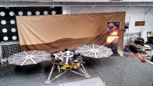 An engineering model of NASA's InSight Mars lander on display inside the In-Situ Instrument Laboratory at the Jet Propulsion Laboratory near Pasadena, California...on December 3, 2014.