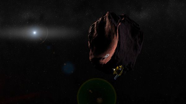 An artist's concept of NASA's New Horizons spacecraft flying past the Kuiper Belt Object nicknamed 'Ultima Thule.'