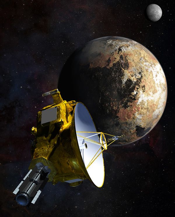 An artist's concept of NASA's New Horizons spacecraft, which is powered by plutonium-238, traveling past the dwarf planet Pluto and its largest moon, Charon.