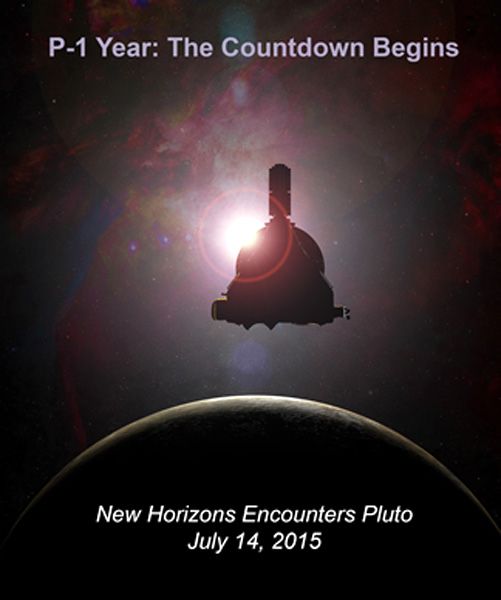 An illustration marking the one-year wait till NASA's New Horizons spacecraft reaches the dwarf planet Pluto.