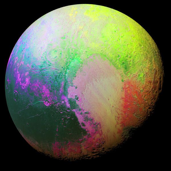 A false color image of Pluto taken by NASA's New Horizons spacecraft on July 14, 2015.