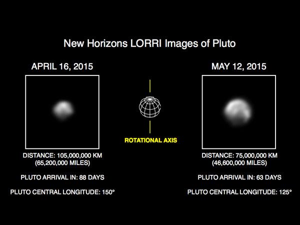 Two images of Pluto that were taken with the Long-Range Reconnaissance Imager aboard NASA's New Horizons spacecraft on April 16 and May 12, 2015, respectively.