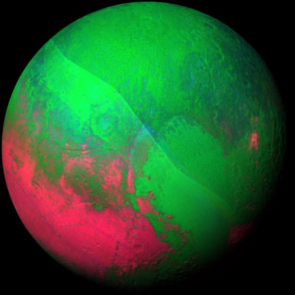 A false color image of Pluto taken by NASA's New Horizons spacecraft on July 14, 2015.