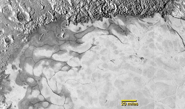 An image of ice flows in the northern region of Sputnik  Planum on the surface of Pluto, as seen by NASA's New Horizons spacecraft on July 14, 2015.