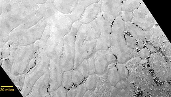 An image of frozen plains, known as Sputnik  Planum, on the surface of Pluto as seen by NASA's New Horizons spacecraft on July 14, 2015.