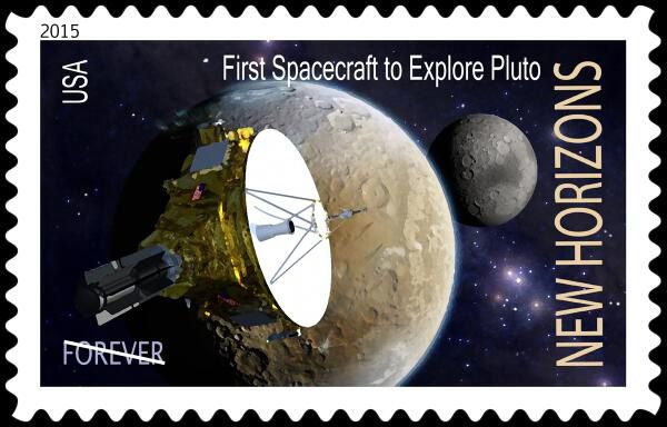 A U.S. postage stamp commemorating the New Horizons spacecraft's flyby of Pluto next year.