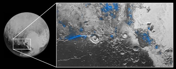 Regions with exposed water ice are highlighted in blue in this composite image from New Horizons' Ralph instrument...taken during the spacecraft's flyby of Pluto on July 14, 2015.