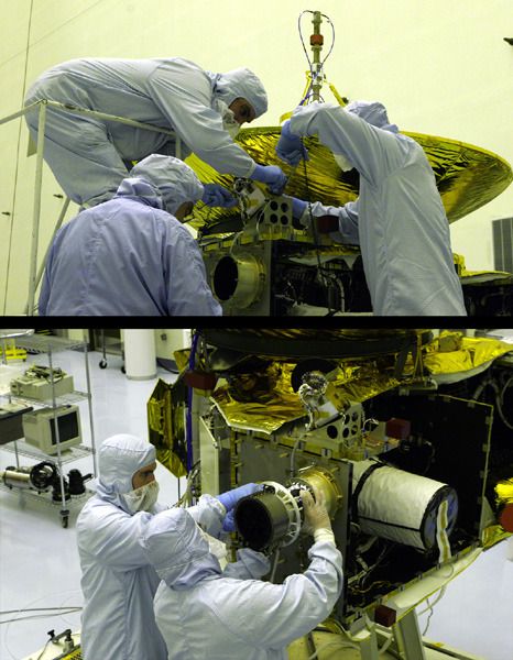Engineers install the PEPSSI (top photo) and SWAP instruments onto the New Horizons spacecraft in 2005.