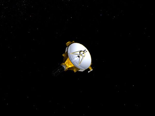 An artist's concept of NASA's New Horizons spacecraft traveling through deep space.