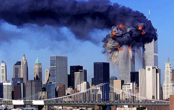 The Twin Towers of New York's World Trade Center complex are struck by airliners hijacked by terrorists on September 11, 2001.