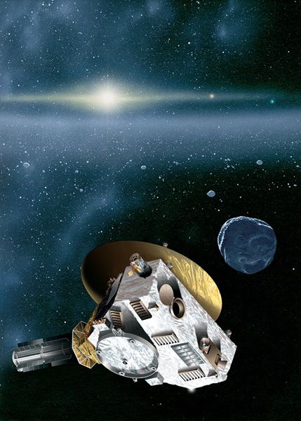 An artist's concept of NASA's New Horizons spacecraft flying past a Kuiper Belt Object (KBO) in the outer solar system.