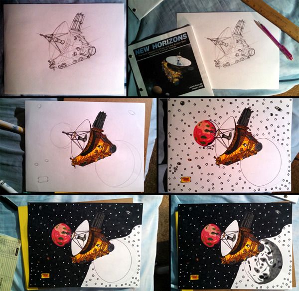 Work-in-progress photos of the drawing I made of NASA's New Horizons spacecraft exploring the dwarf planet Pluto and its five moons.
