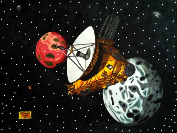 A drawing I made of NASA's New Horizons spacecraft exploring the dwarf planet Pluto and its five moons.