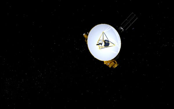 An artist's concept of NASA's New Horizons spacecraft soaring through deep space.