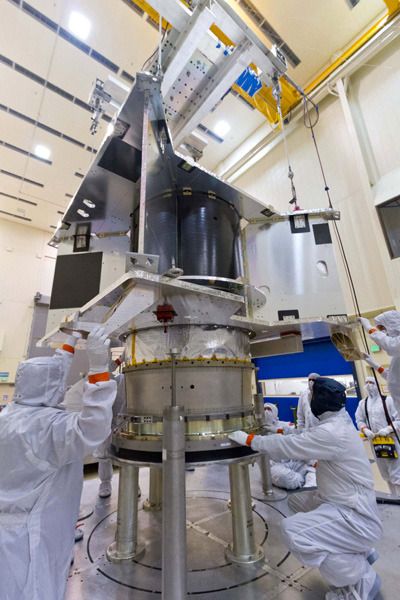 At the Lockheed Martin facility in Littleton, Colorado, engineers are about to combine the OSIRIS-REx spacecraft's core structure with its hydrazine fuel tank and boat tail assembly.