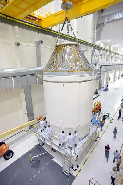 The Orion EFT-1 capsule is attached to the stage adapter ring that will connect the spacecraft to a Delta IV Heavy rocket...which will launch Orion on EFT-1 this December. The Orion EFT-1 capsule is attached to the stage adapter ring that will connect the spacecraft to a Delta IV Heavy rocket...which will launch Orion on EFT-1 this December.