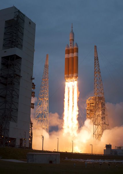 A Delta IV Heavy rocket carrying the Orion spacecraft lifts off from Cape Canaveral Air Force Station in Florida...beginning Exploration Flight Test (EFT)-1 on December 5, 2014.