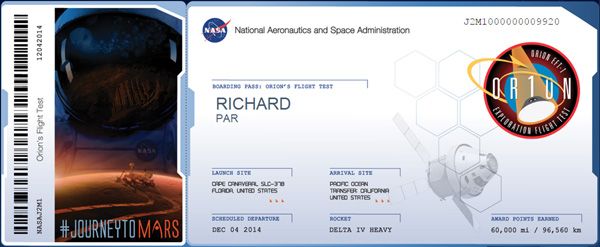 My 'boarding pass' for the Orion EFT-1 mission. My 'boarding pass' for the Orion EFT-1 mission.