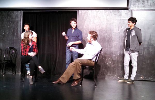 OTHER SPACE cast members Eugene Cordero, Milana Vayntrub, John Milhiser, Neil Casey and Karan Soni conduct a comedy skit at the UCB Theater in Hollywood...on May 16, 2015.