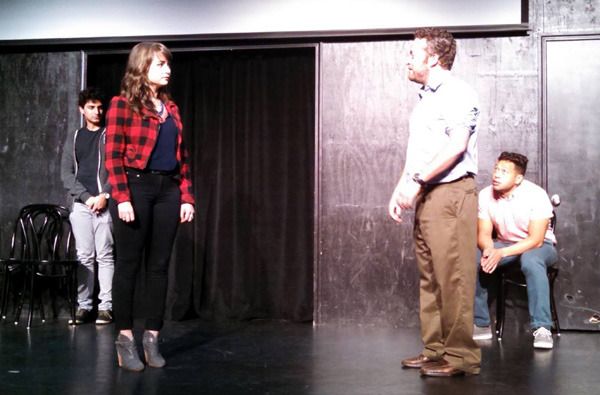 OTHER SPACE cast members Karan Soni, Milana Vayntrub, Neil Casey and Eugene Cordero conduct a comedy skit at the UCB Theater in Hollywood...on May 16, 2015.
