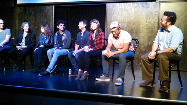 Owen Ellickson, Ian O'Connor (Coffee Bot puppeteer), Sherry O'Connor (Art puppeteer), Karan Soni, John Milhiser, Milana Vayntrub, Eugene Cordero and Neil Casey conduct a Q&A session after the OTHER SPACE screening at the UCB Theater in Hollywood...on May 16, 2015.