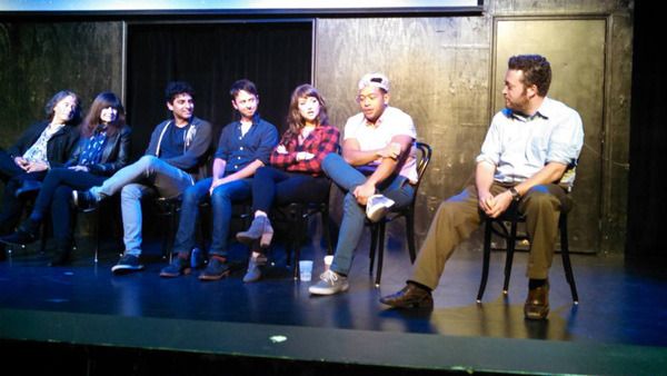 Ian O'Connor, Sherry O'Connor, Karan Soni, John Milhiser, Milana Vayntrub, Eugene Cordero and Neil Casey conduct a Q&A session after the OTHER SPACE screening at the UCB Theater in Hollywood...on May 16, 2015.
