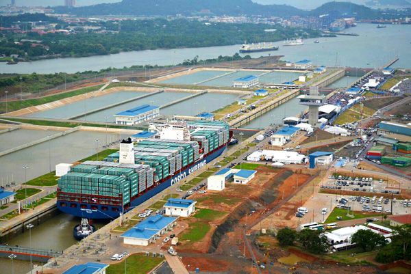 The COSCO Shipping Panama is the first cargo ship to officially pass through the Panama Canal's new set of locks...on June 26, 2016.