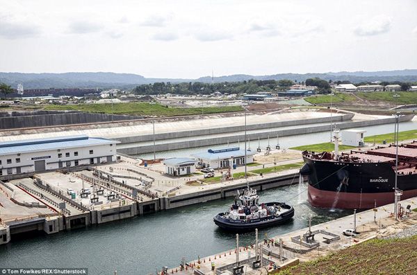 The Baroque Valetta passes through the Panama Canal's new set of locks during a trial run on June 9, 2016.