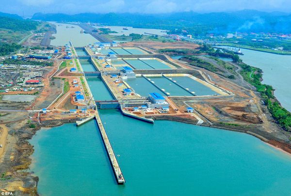 An aerial view of the new set of locks at the Panama Canal.