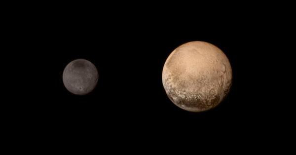 A composite image of Pluto and Charon that was taken by NASA's New Horizons spacecraft from a distance of 1.6 million miles (2.5 million kilometers) on July 12, 2015.