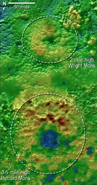 Utilizing New Horizons images of Pluto’s surface to generate 3-D topographic maps, scientists discovered that two of Pluto’s mountains, informally named Piccard Mons and Wright Mons, could be cryovolcanoes.