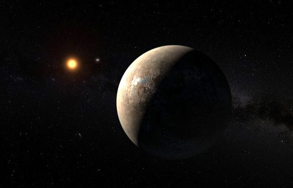 An artist's concept of the exoplanet Proxima b orbiting its star Proxima Centauri.