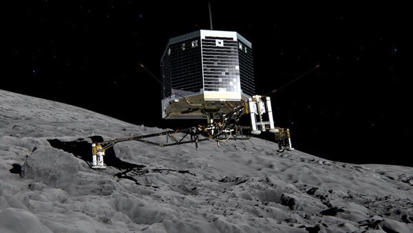 An artist's concept of the Philae lander touching down on the surface of Comet 67P/Churyumov–Gerasimenko.
