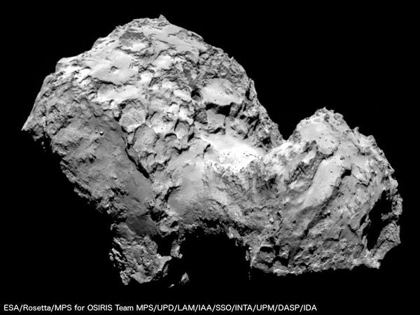 An image of comet 67P/Churyumov-Gerasimenko's nucleus, as seen by ESA's Rosetta spacecraft on August 3, 2014.