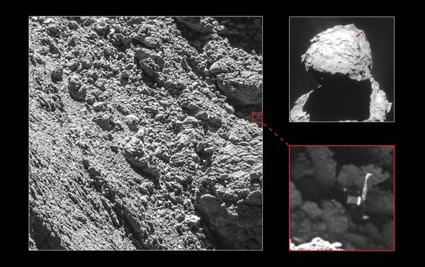 Images of comet 67P/Churyumov–Gerasimenko and the Philae lander on its surface, as seen by ESA's Rosetta spacecraft on September 2, 2016.