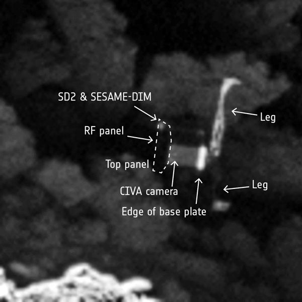 An image of the Philae lander on the surface of comet 67P/Churyumov–Gerasimenko, as seen by ESA's Rosetta spacecraft on September 2, 2016.