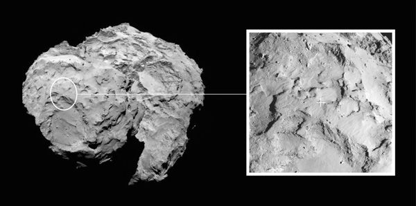 An image showing the primary landing site (Site J) for the Rosetta spacecraft's Philae lander, on comet 67P/Churyumov-Gerasimenko.