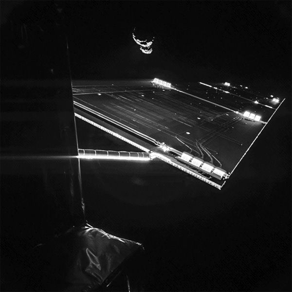 On September 7, 2014, this image was taken by the Philae lander that's currently attached to the European Space Agency's Rosetta spacecraft. Philae will be deployed by Rosetta and land on comet 67P/Churyumov–Gerasimenko's nucleus in November.