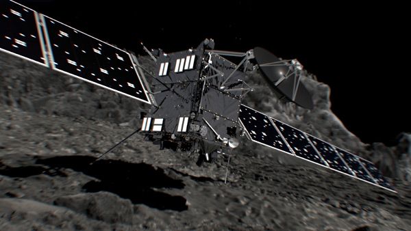An artist's concept of the Rosetta spacecraft about to crash land onto the surface of Comet 67P/Churyumov–Gerasimenko.