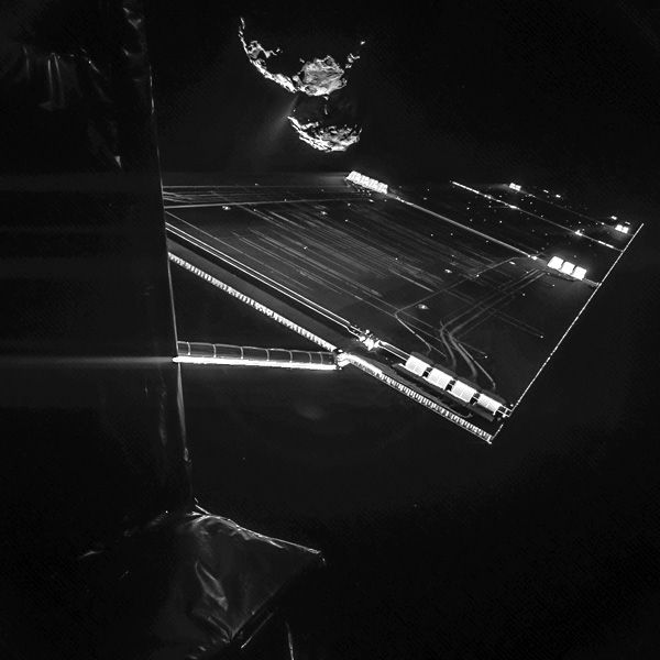 An image that the Philae lander took of Rosetta and one of its twin solar panels just as the spacecraft orbited 16 kilometers (10 miles) above Comet 67P/Churyumov–Gerasimenko...on October 7, 2014.