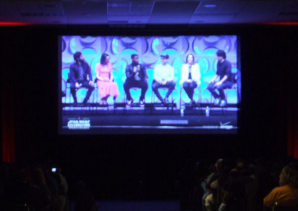 THE FORCE AWAKENS' actors Oscar Isaac, Daisy Ridley and John Boyega join J.J. Abrams and Kathleen Kennedy on stage at the Star Wars Celebration in Anaheim, California...on April 16, 2015.